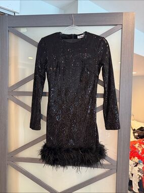 Black Sequin Feather Hem Party Dress